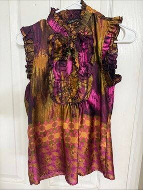 Satin Ruffled Sleeveless Top in Fuchsia and Gold buttoned or un bottoned.